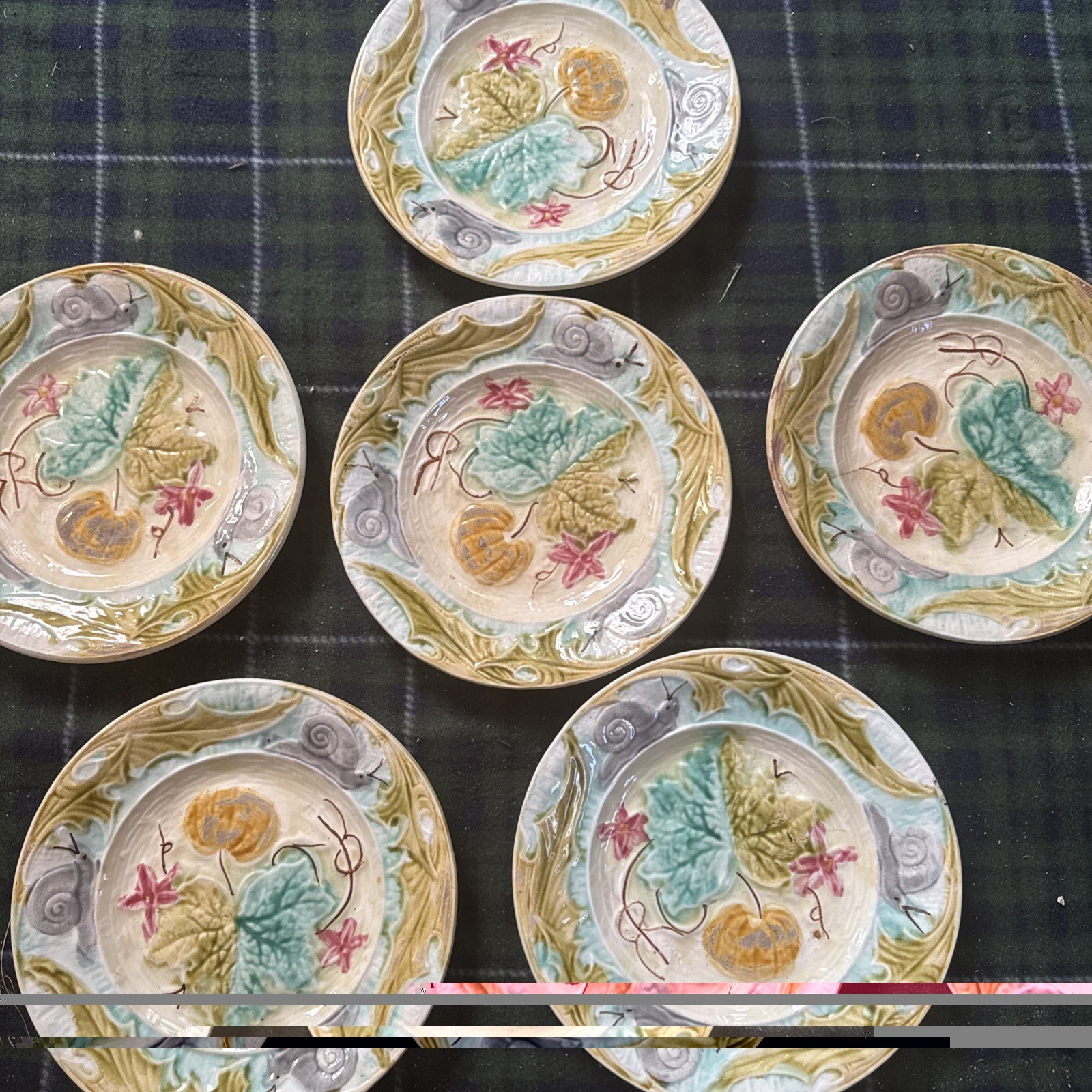 6 Antique plate set French Majolica Pumpkin and Snail Plates, Circa 1890