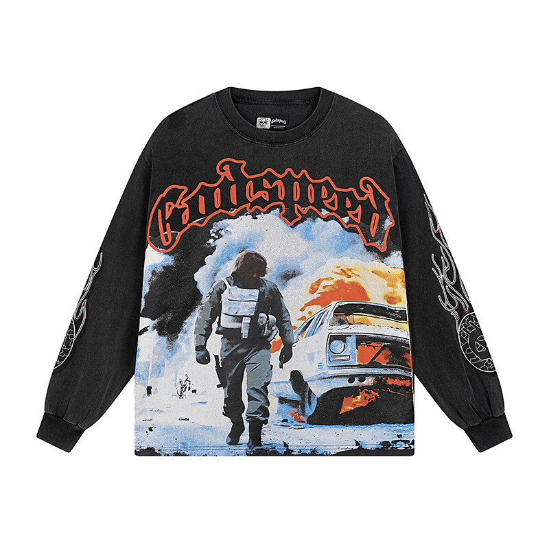 Mens NEW Godspeed Street retro Trendy print Tee Washed Long sleeved T-shirt Mens NEW Godspeed Street retro Trendy print Tee Washed Long sleeved T-shirt