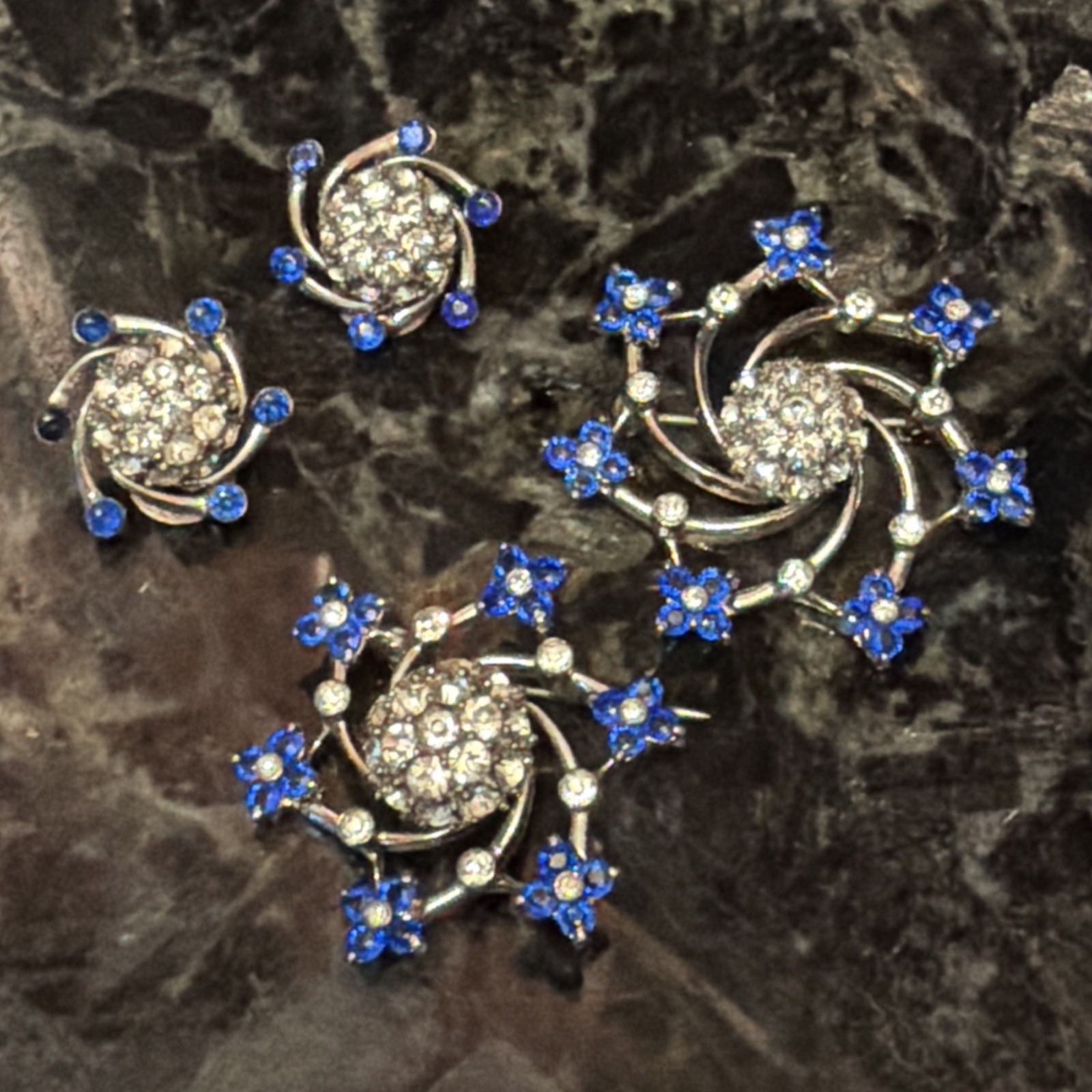 Vintage PENNINO STERLING Silver Blue + Crystal Flower 2 Brooches & Earrings Set