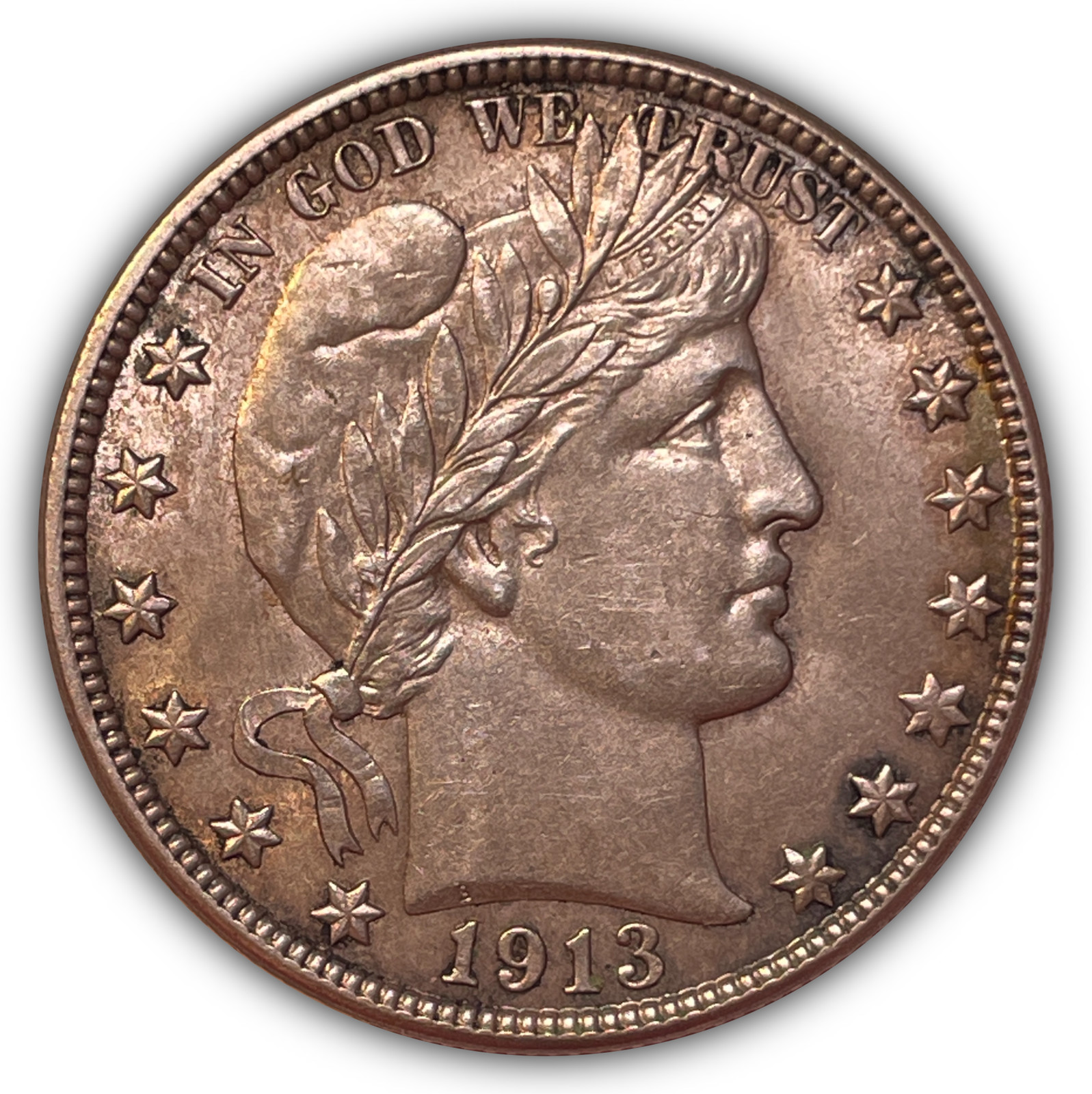 1913-S Barber Half Dollar Almost Uncirculated AU+ Coin, Scuff on Cheek #22230