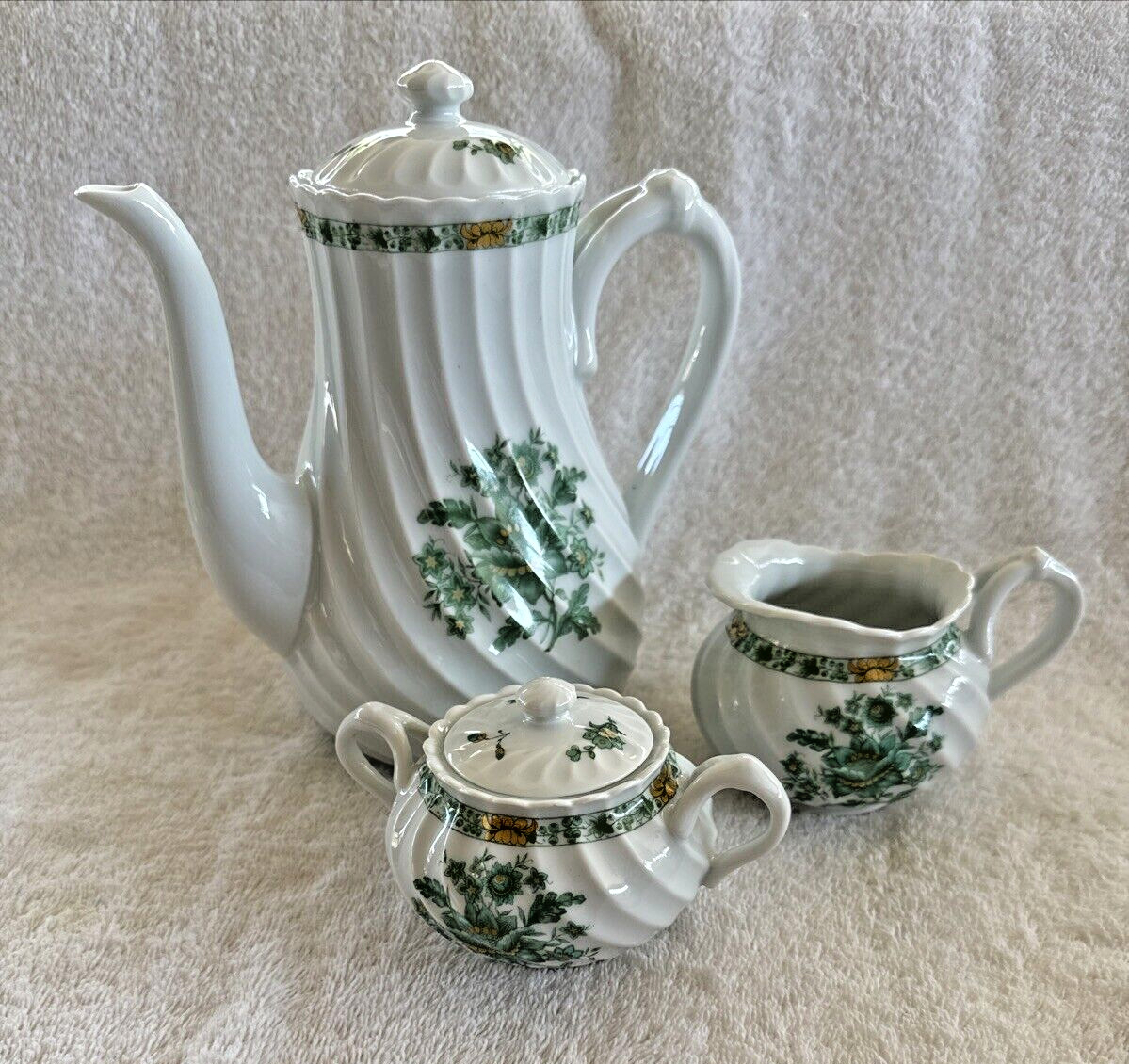 Coffee Pot Set Haviland Limoges France Creamer Sugar Bowl Green and Gold Flowers
