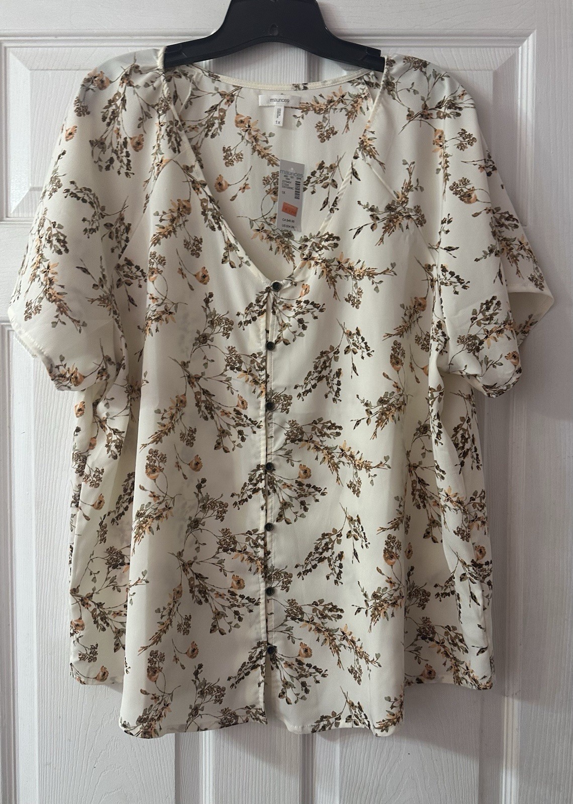 Maurices 1X Floral Blouse Cream Brown Button Front V Neck Flutter Sleeve Boho