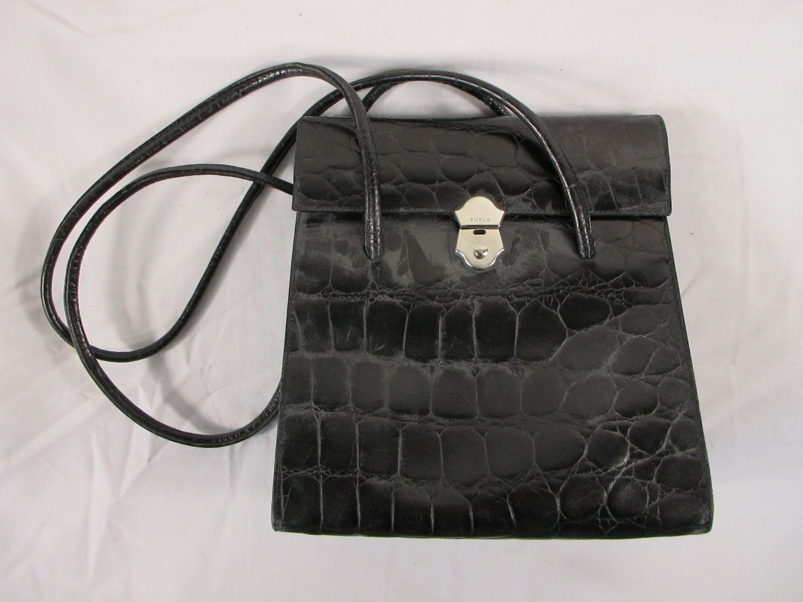 Furla Bag Womens Black Croc Embossed Leather Top Handle Shoulder Purse Furla Bag Womens Black Croc Embossed Leather Top Handle Shoulder Purse
