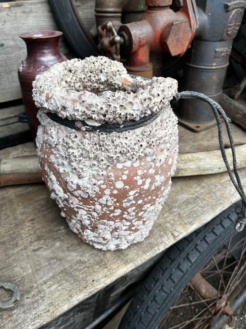 Antique TAKOTSUBO Octopus Trap Japanese Old Pottery With Barnacles Interior
