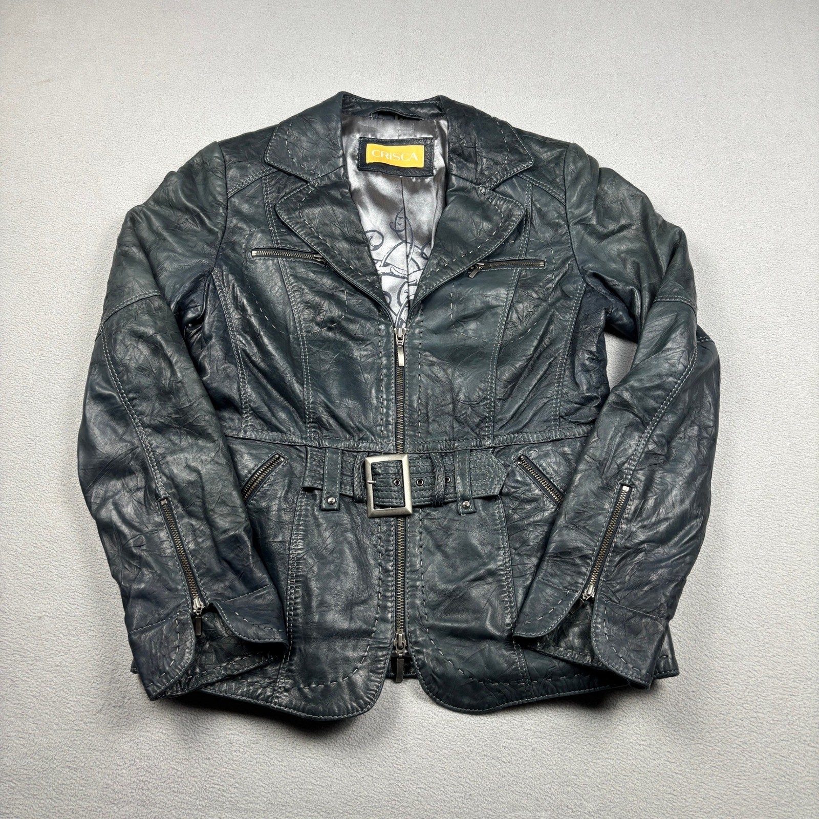 Crisca Navy Blue Genuine Lamb Leather Belted Moto Jacket Contrast Stitching
