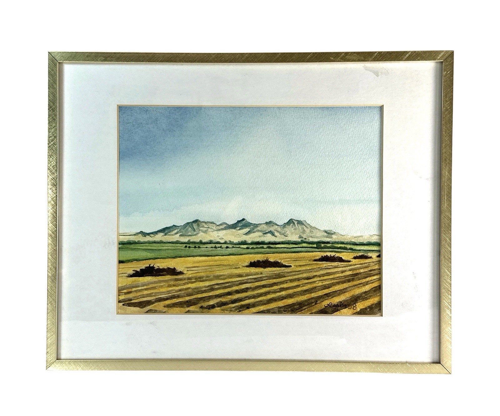 Original Watercolor Landscape Painting Signed 2008 Mountains Farmland Framed