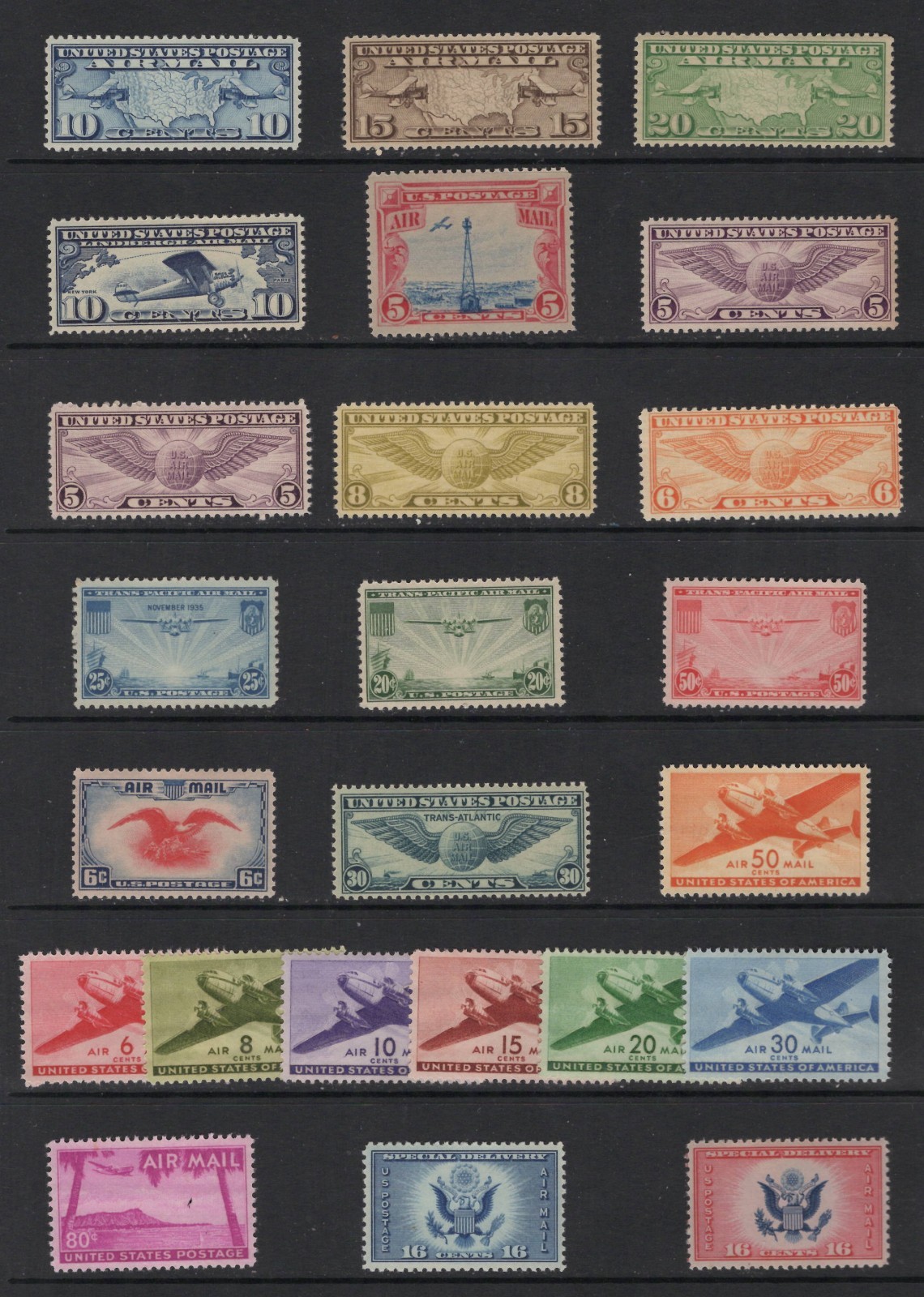 U.S. Airmail C7-C12, C16-C17, C19- C31, C46, CE1-2 Mint, og. NH (cv$130.45) U.S. Airmail C7-C12, C16-C17, C19- C31, C46, CE1-2 Mint, og. NH (cv$130.45)