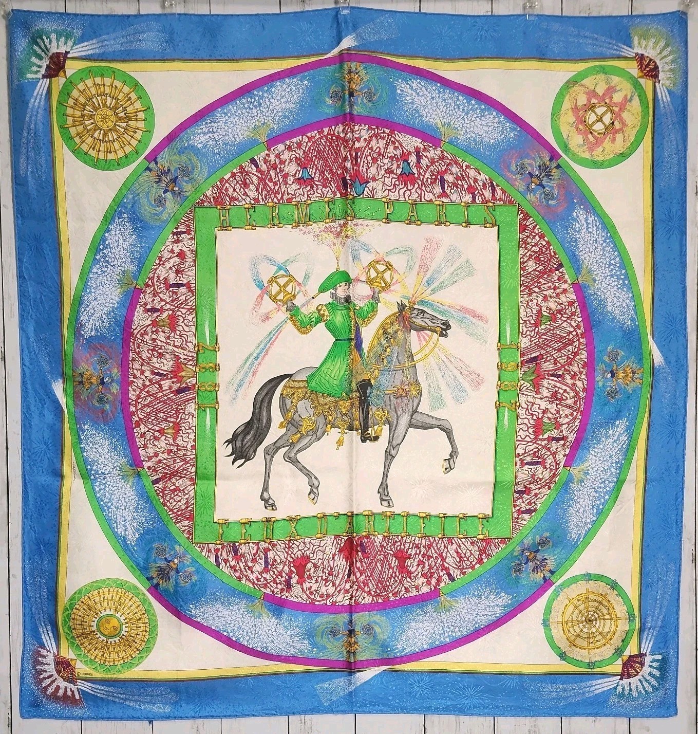 HERMES Carre 90 Feux d\'Artifice 1987 150th Anniversary Silk Jacquard Scarf