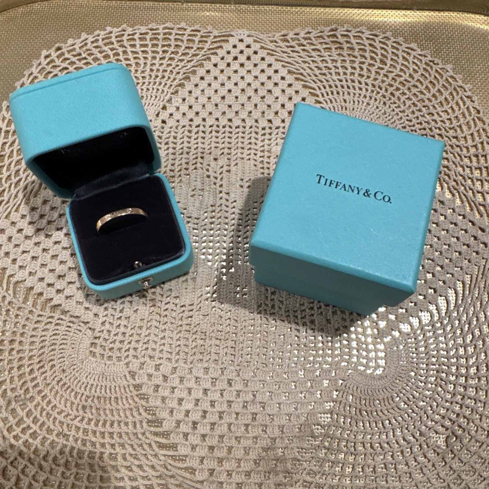 Tiffany & Co Rose Gold Three Diamond 3mm Band Ring, Size 8