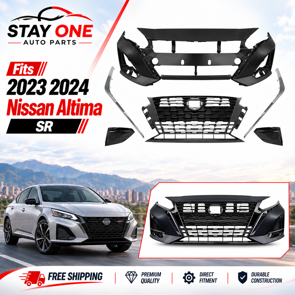For 2023 2024 Nissan Altima SR New Front Bumper Kit With Fog Covers Chrome Trims