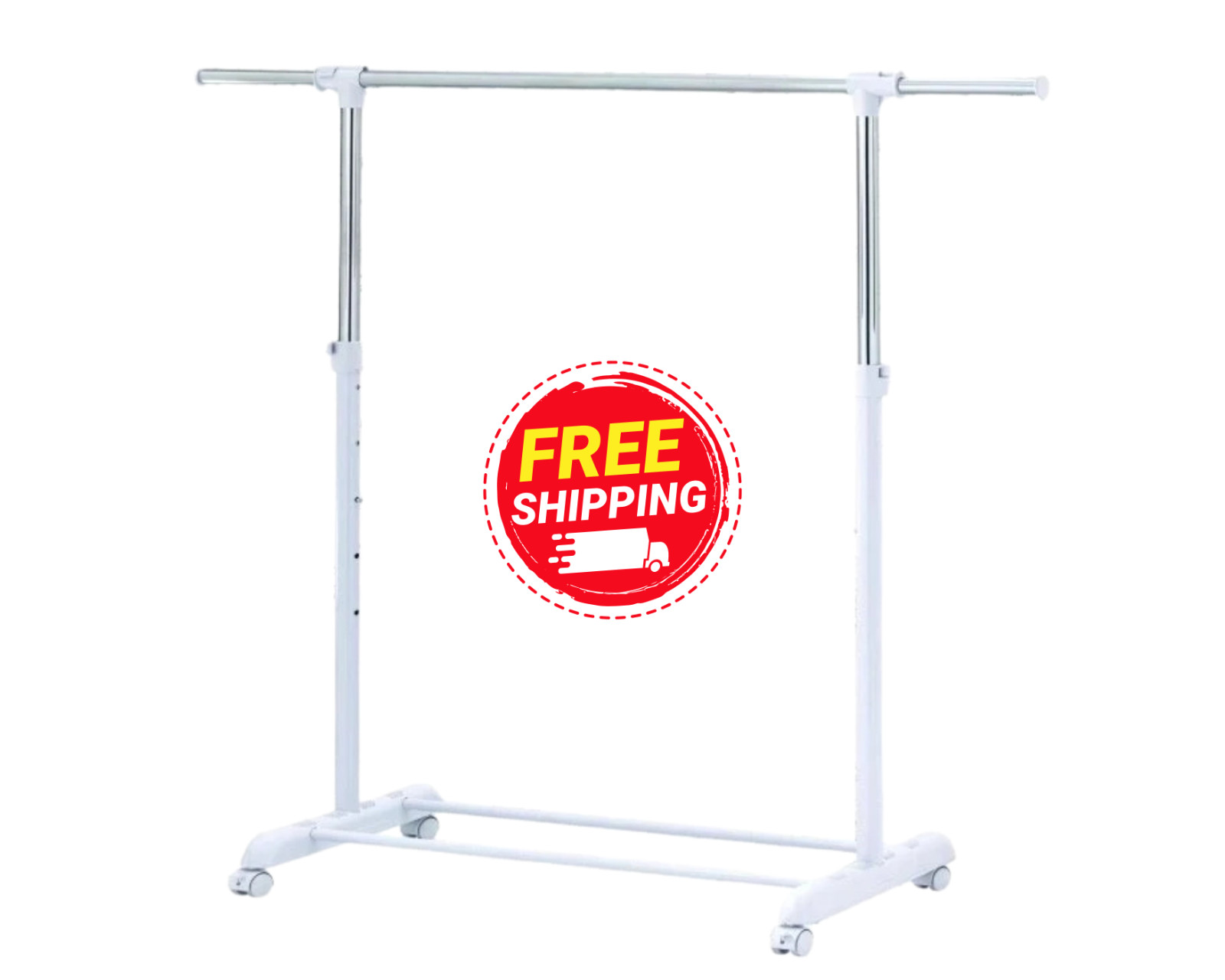 Mainstays Adjustable Rolling Garment Rack Metal Chrome, White, 84-121Wx44Dx123.5