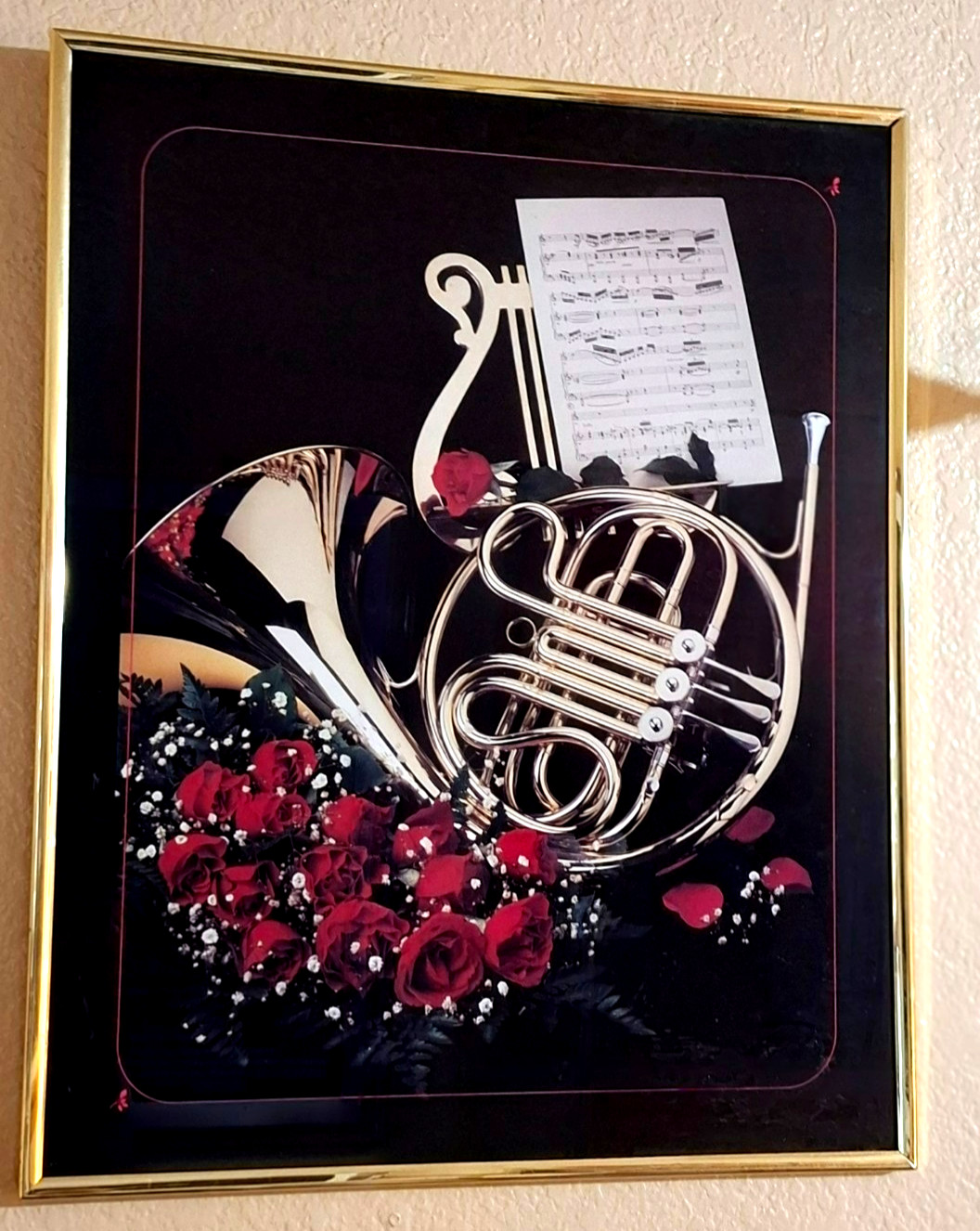Vintage 1985 French Horn Roses Music Art Print Gold Framed Saint Chateaux