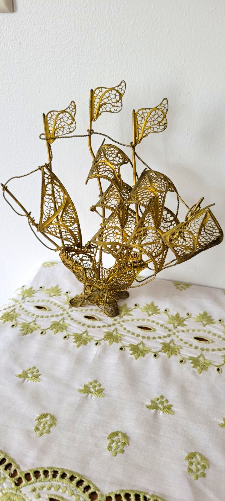 Gold Metallic Filigree Metal Sailing Ship Sculpture Figurine 3D Effect