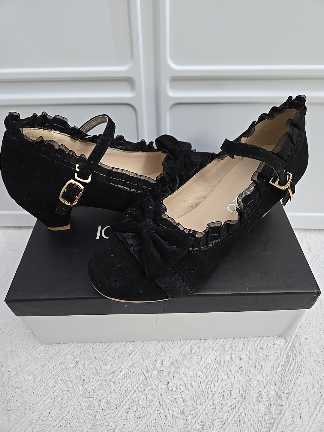 100FIXEO Womans Low Heel Lolita Shoes Cute Lace Bow Mary Jane Pumps Size 7.5