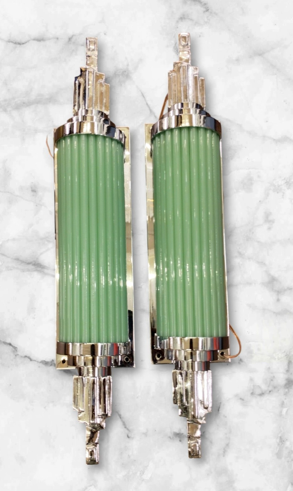 1 PC VINTAGE ART DECO BRASS AND GLASS ROD GREEN WALL SCONCE LIGHT SKYSCRAPER #25