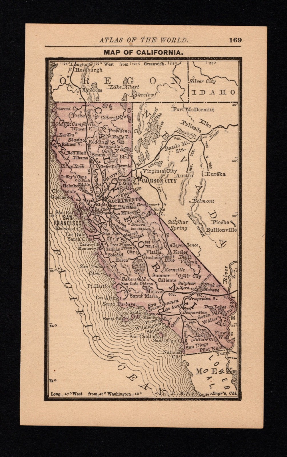 TINY Antique CALIFORNIA State Map 1888 MINIATURE Vintage Map of California 3244