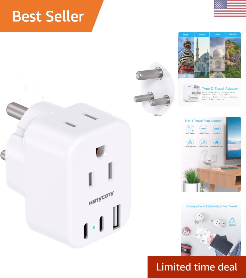 Versatile 5-in-1 Type D Plug Adapter: Travel to India with Fast Charge USB Ports Versatile 5-in-1 Type D Plug Adapter: Travel to India with Fast Charge USB Ports