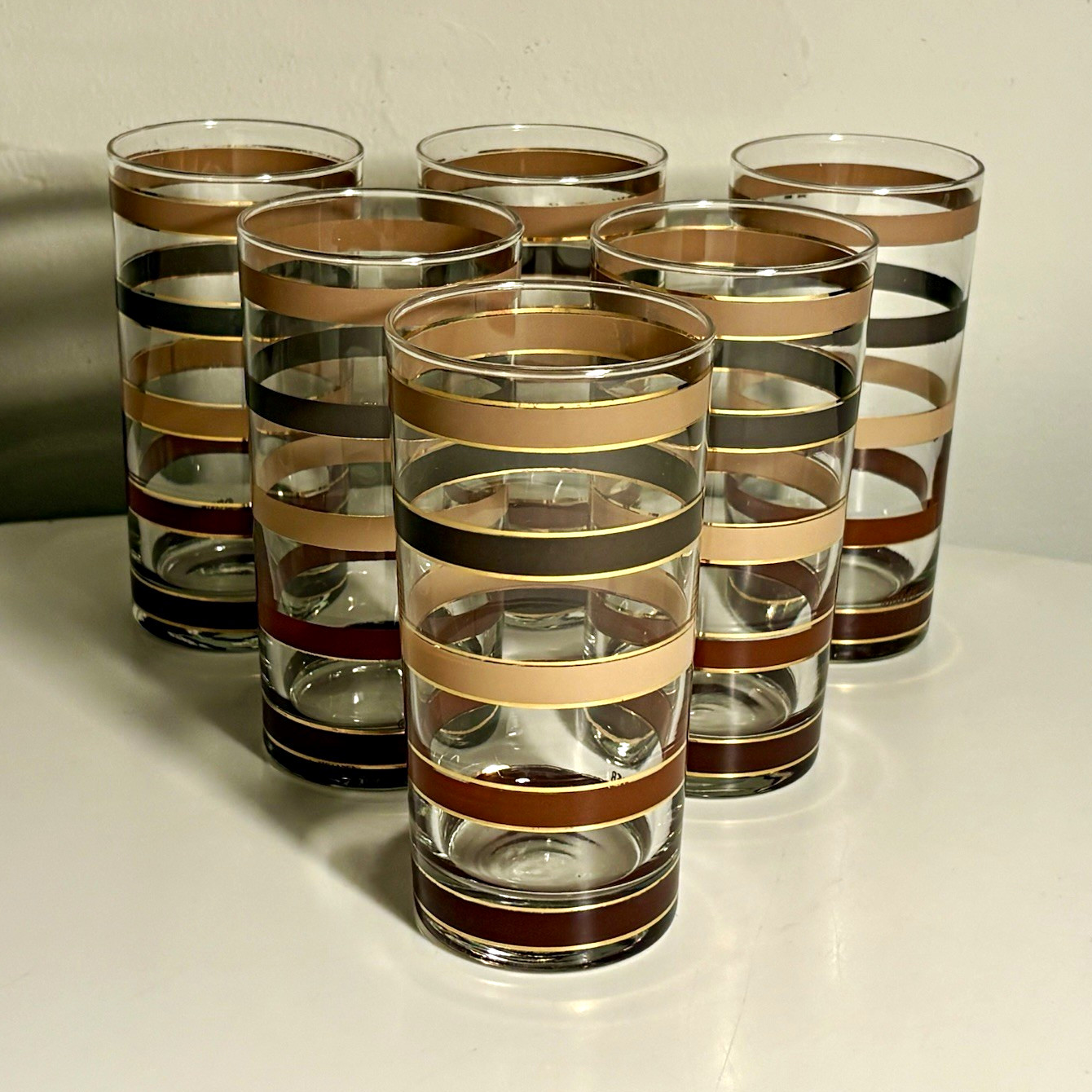 Set of 6 Rare MCM Culver Brown & Gold Stripe Highball Glasses 1960s Barware