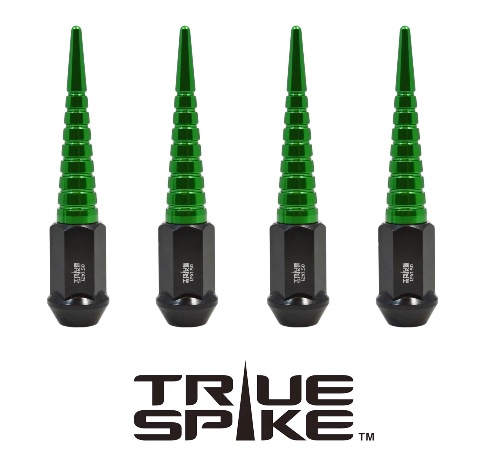 16PC TRUE SPIKE 112MM 12X1.5 STEEL LUG NUTS W/ GREEN EXTENDED SPIRAL SPIKES C