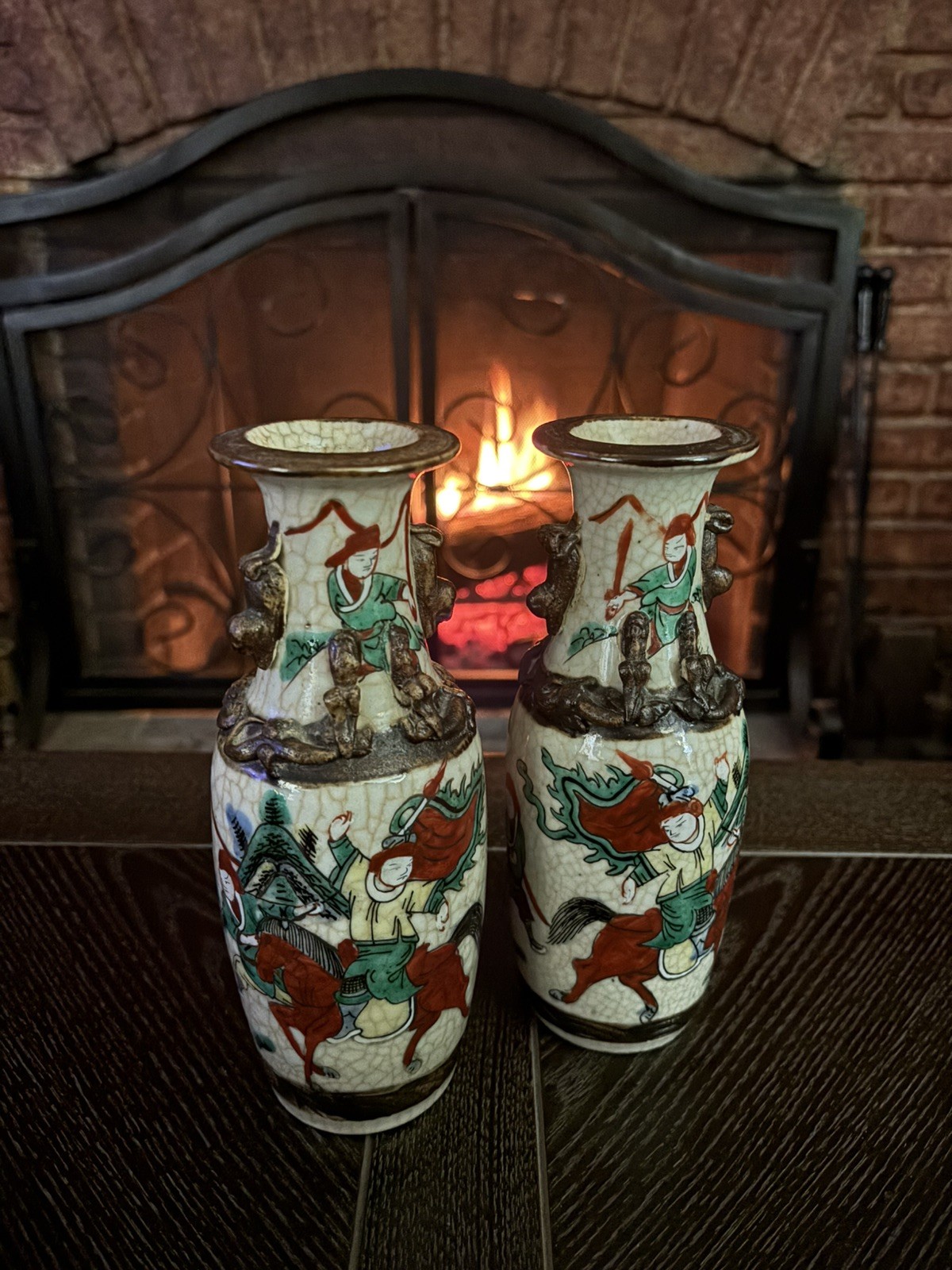 Antique Chinese Decor Set Nanking Crackle-glaze Porcelain Vases Warrior Unique 
