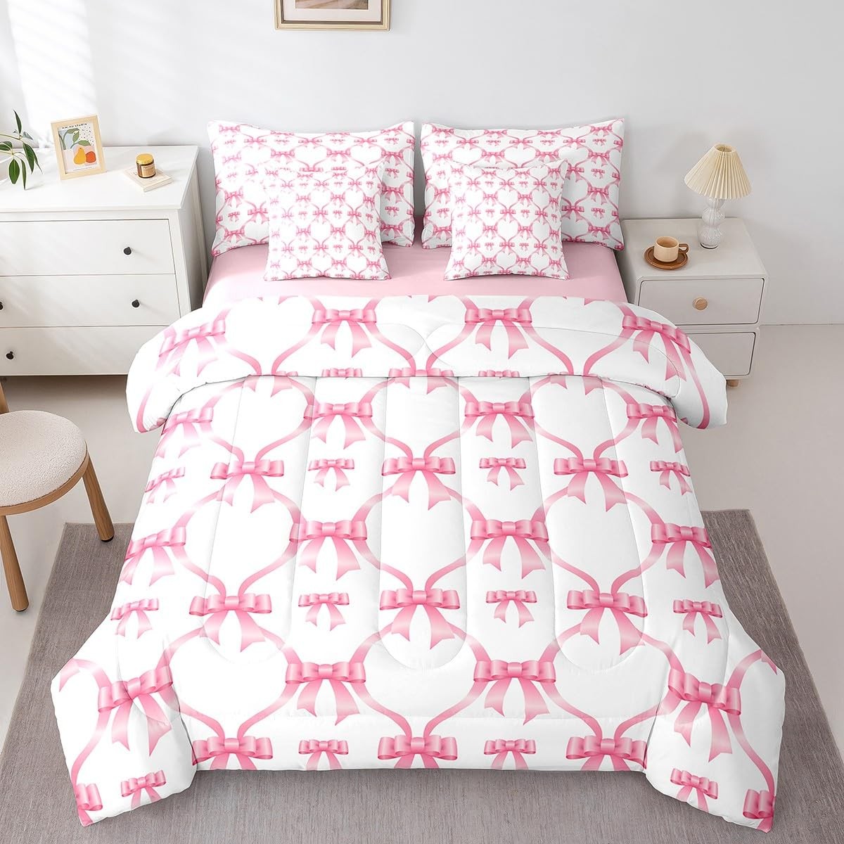 Feelyou 7 Pieces Pink Bow Comforter Set Full Size For Kids Girls Teen Women