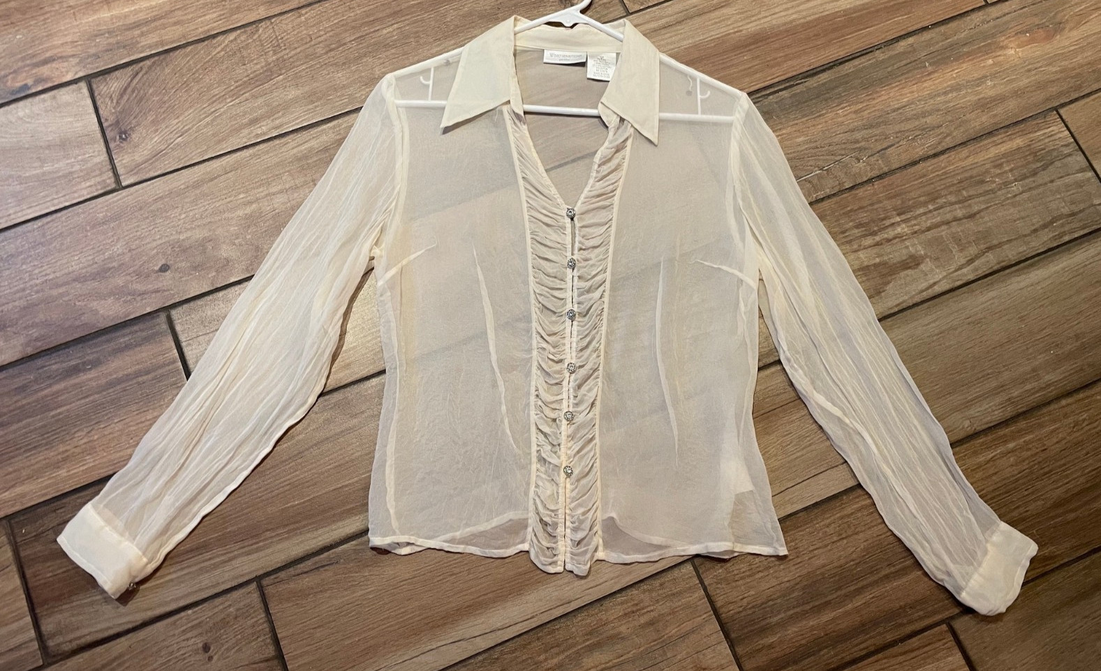 Vintage Worthington Ivory Sheer Blouse Size 12P Silk Rhinestone Buttons Ruched Vintage Worthington Ivory Sheer Blouse Size 12P Silk Rhinestone Buttons Ruched