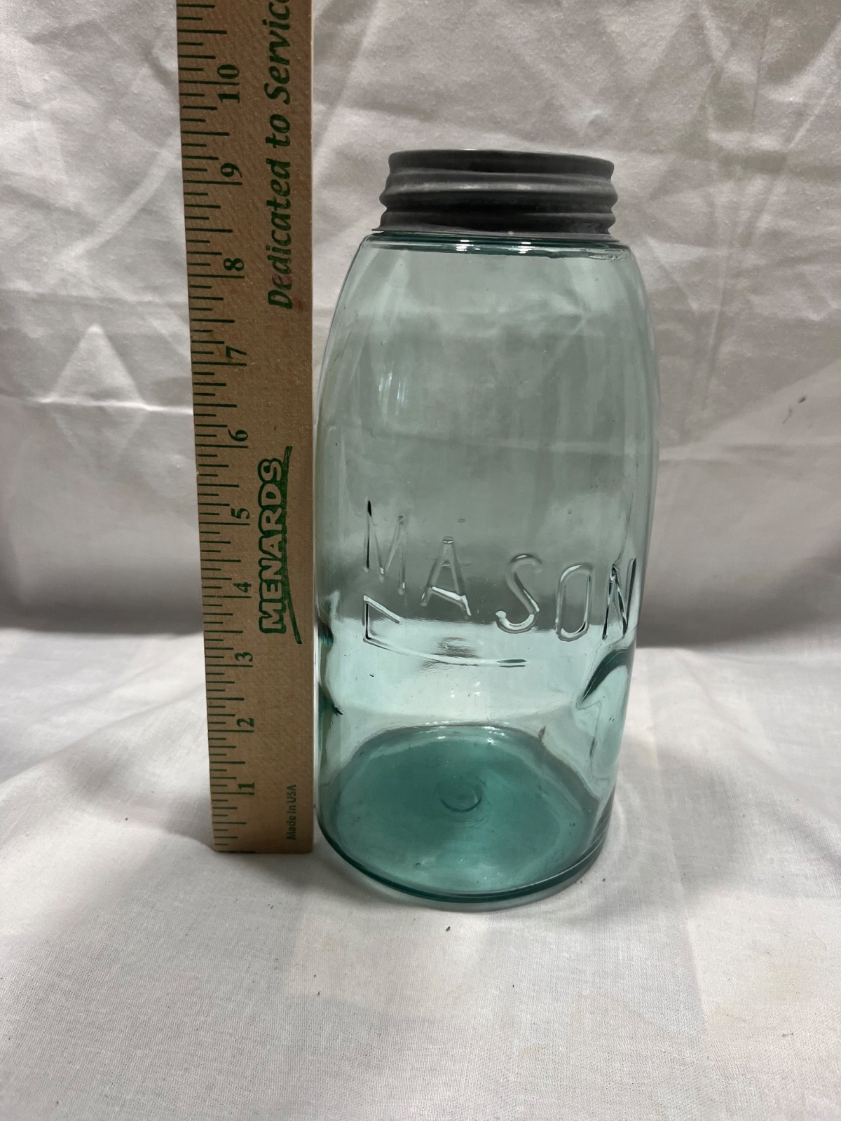 Antique Aqua half gallon Mason Jar Ground Lip Zinc Lid. 1858 Patent Style Decor.