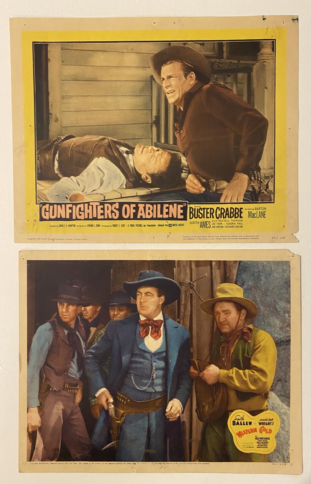 2 lobby cards Buster Crabbe Gun Fighter 1959 - Smith Ballew Western Gold 1937