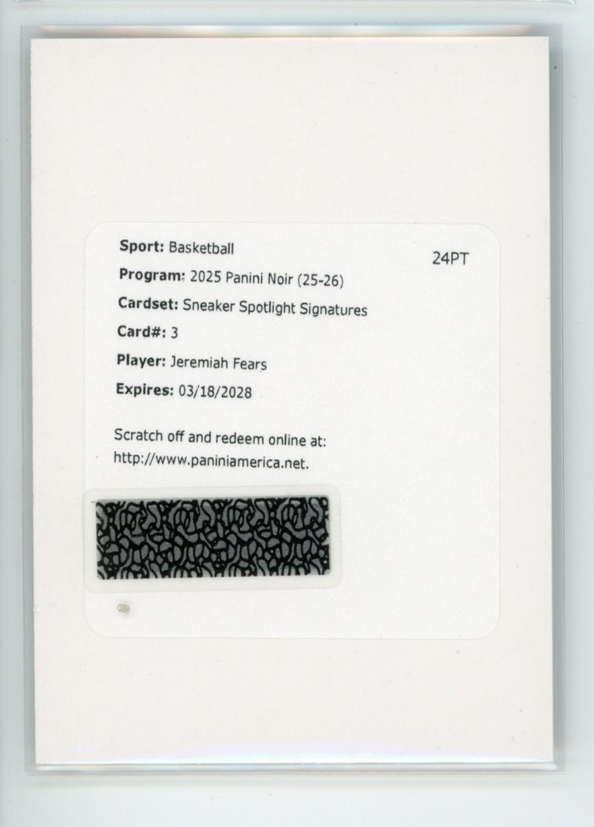 2025-26 Panini Noir Jeremiah Fears RC Rookie Sneaker Spotlight Signatures Auto 2025-26 Panini Noir Jeremiah Fears RC Rookie Sneaker Spotlight Signatures Auto