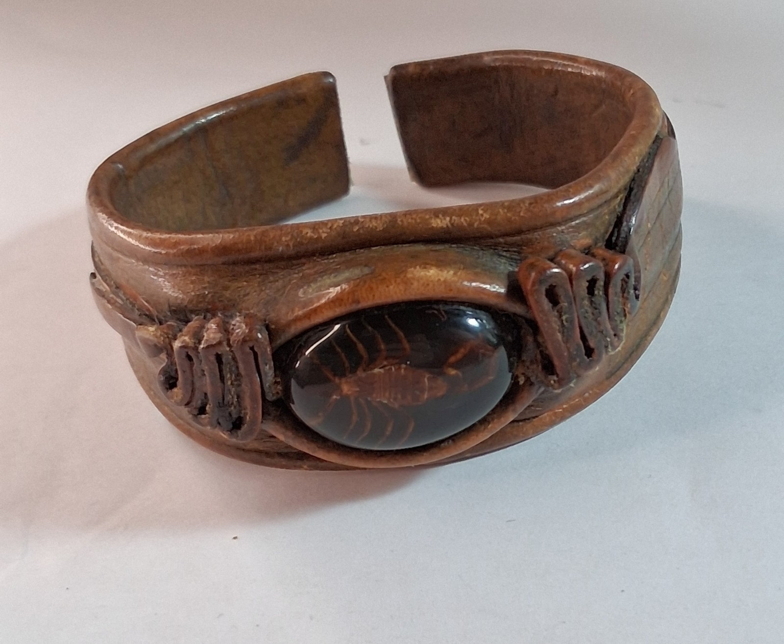 Rare Vintage Leather Cuff Bracelet with Scorpion Encased In Lucite