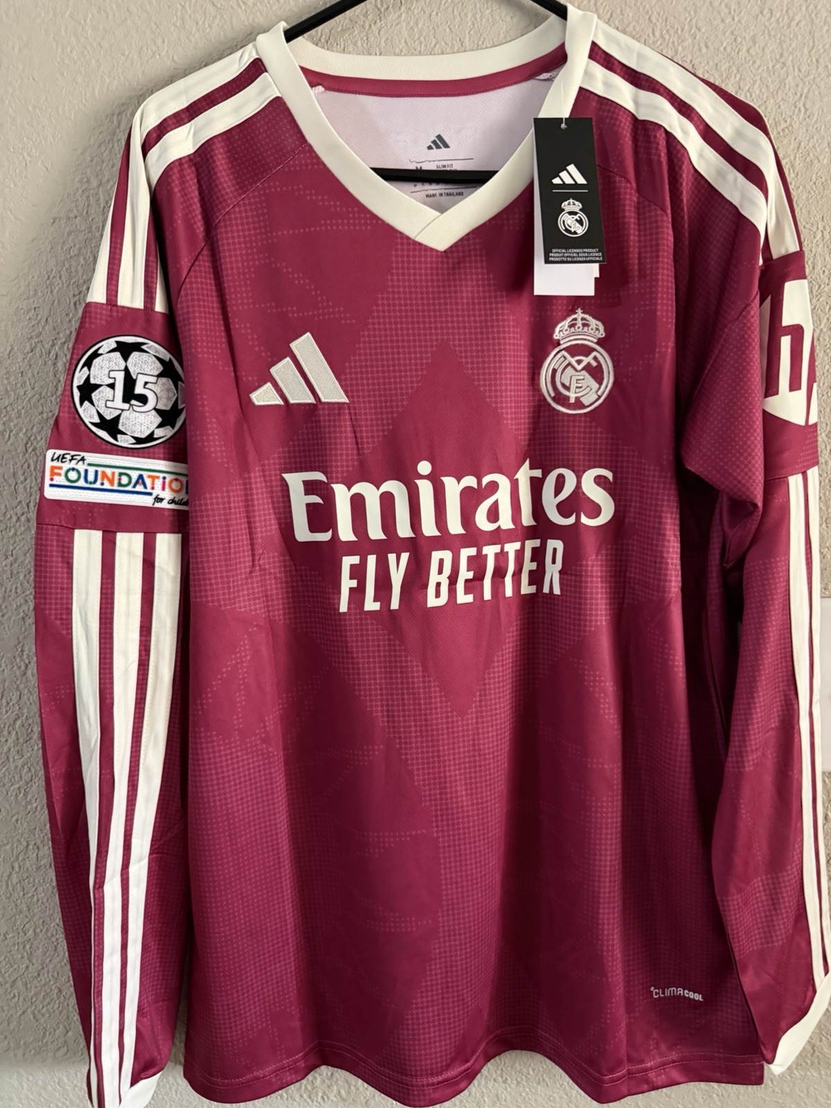 adidas Real Madrid Bellingham #5 Maroon/White Long Sleeve Jersey Men XL