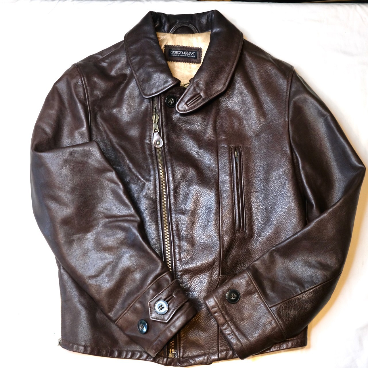 Giorgio Armani Black Label Vintage Brown Calfskin Leather Motorcycle Jacket IT50
