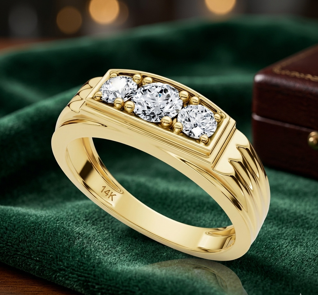 Moissanite Men\'s Wedding Anniversary Ring 14k Yellow Gold Three Stone 2 CT Round