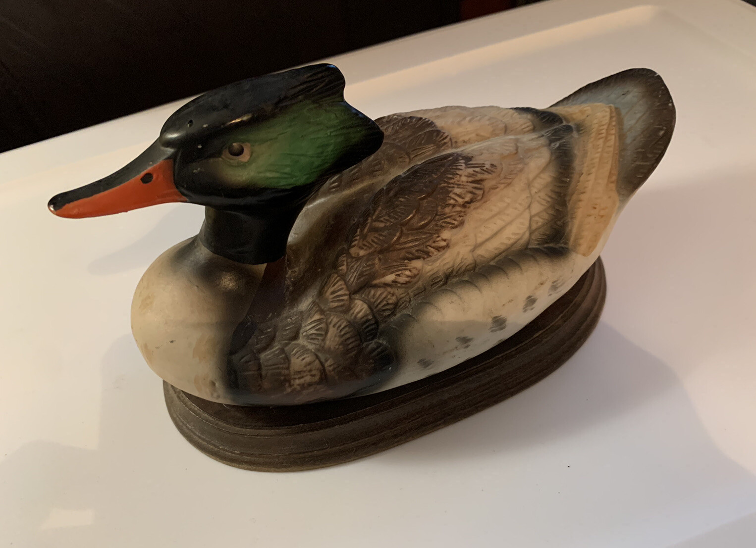 Vintage Hand painted Porcelain Duck on wooden block stand 10