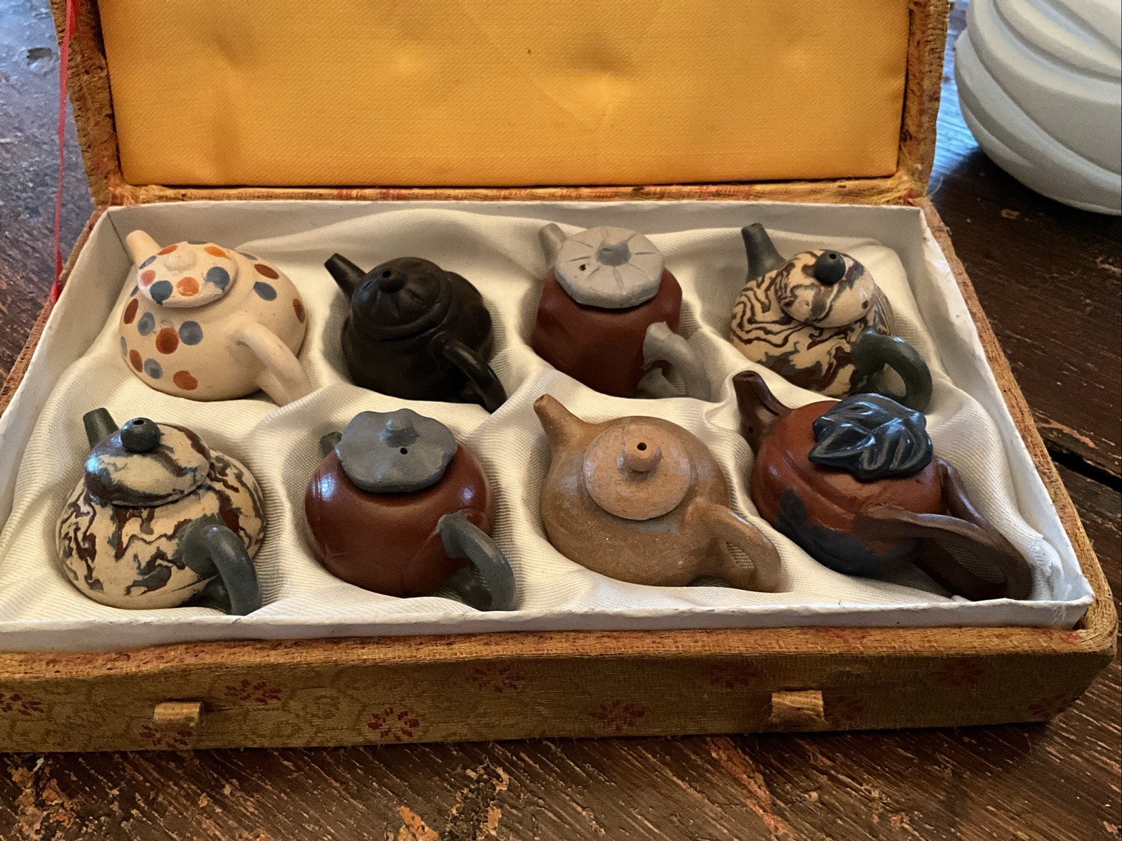 Vintage Chinese Miniature Yixing Clay Teapots x8 Boxed Collectible Ceramic 