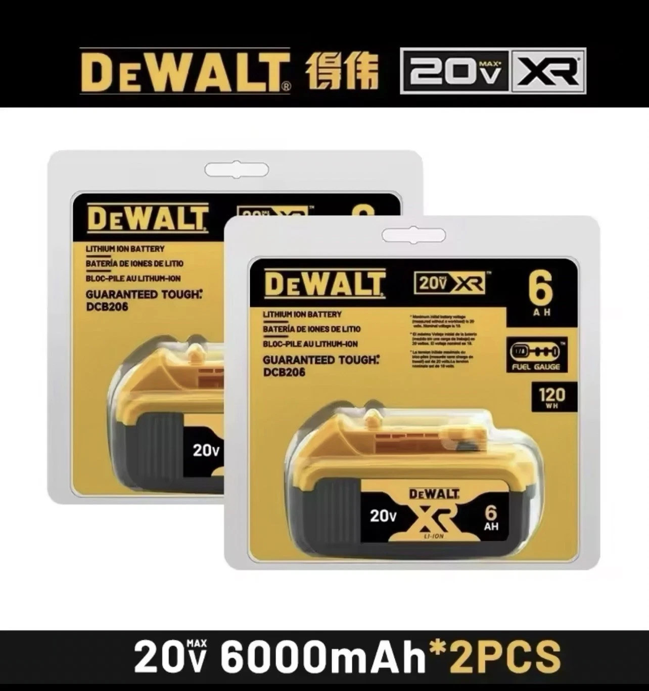 2x New DeWALT DCB206 20V Max XR 6.0Ah Lithium Ion Batteries Li-ion US-seller