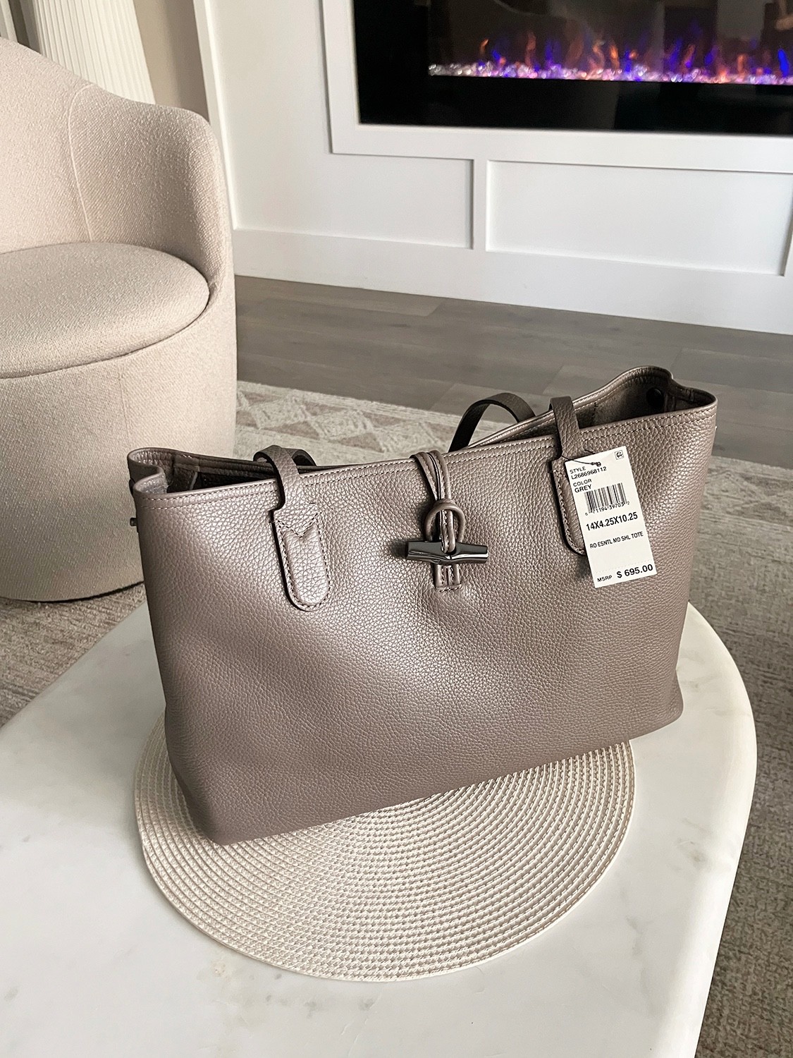NWT $700 LONGCHAMP Tote ROSEAU ESSENTIAL Leather Bag w/ Insert L2686968112 Grey 