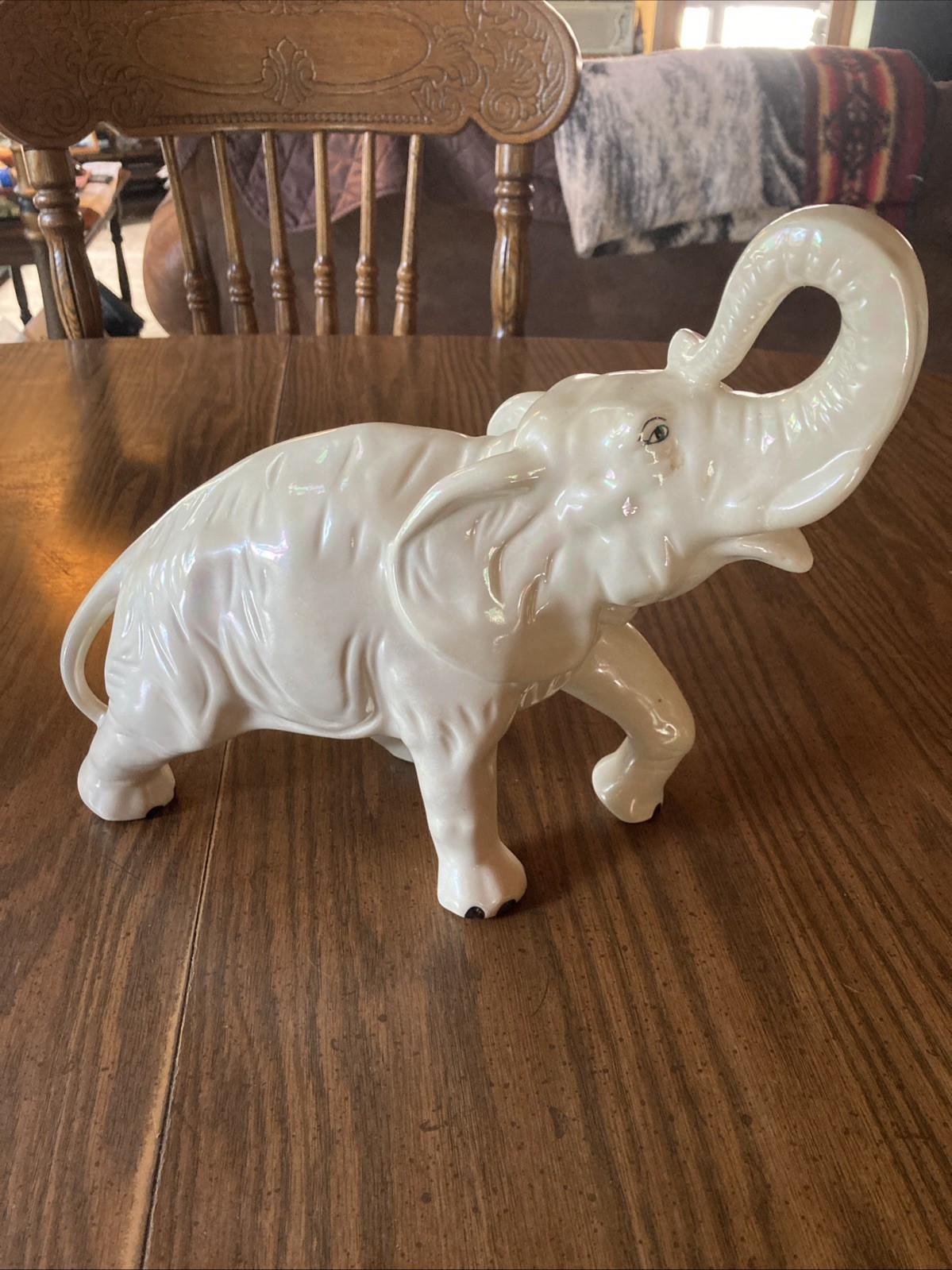 Vtg ‘76 Ceramic Mid-Century, Iridescent, White Elephant Trunk Up For Good Luck ￼