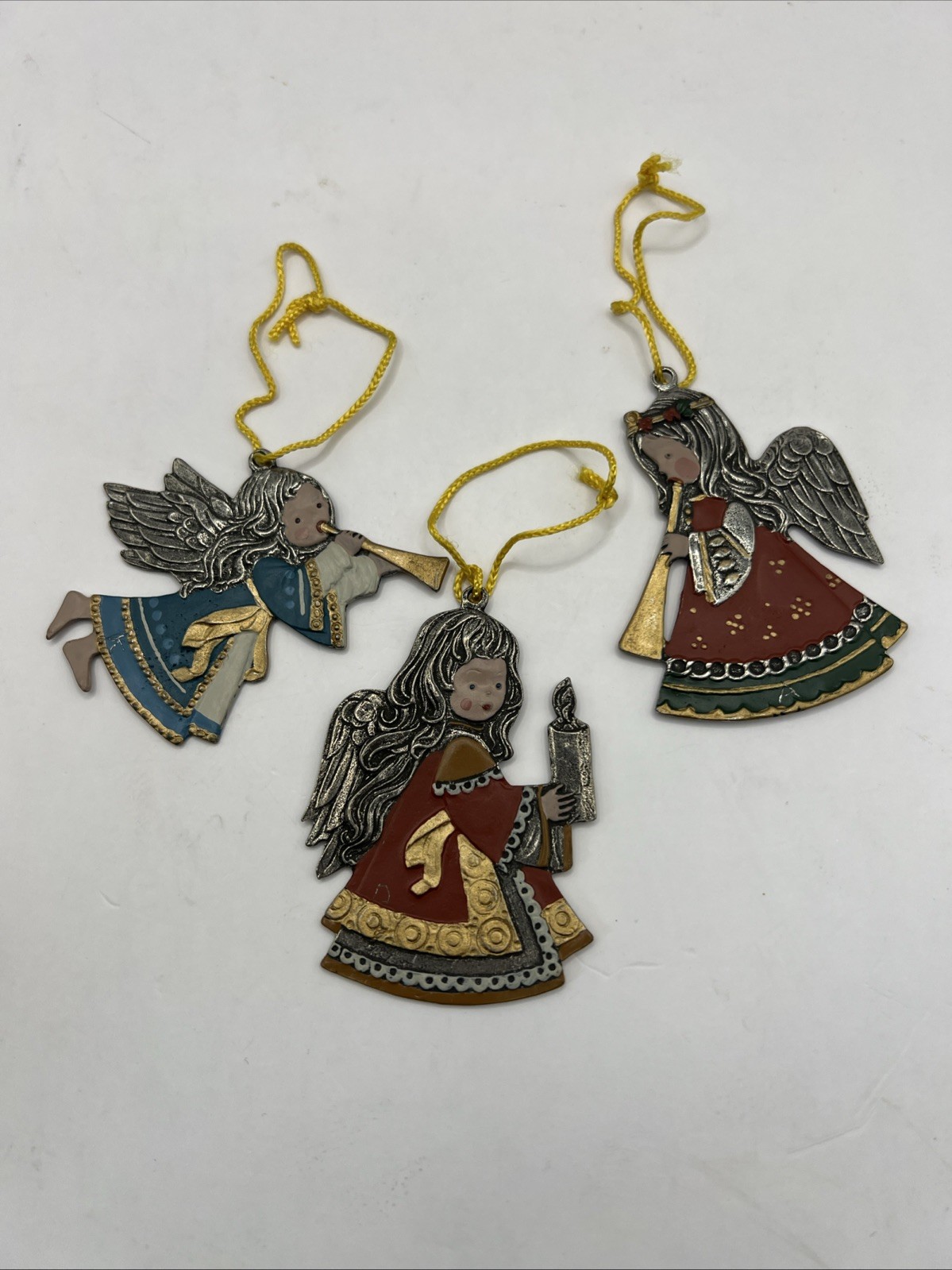 Vtg 3 German Christmas Tree Ornament Flat Pewter Angel Playing Horn Kuhn Zinn