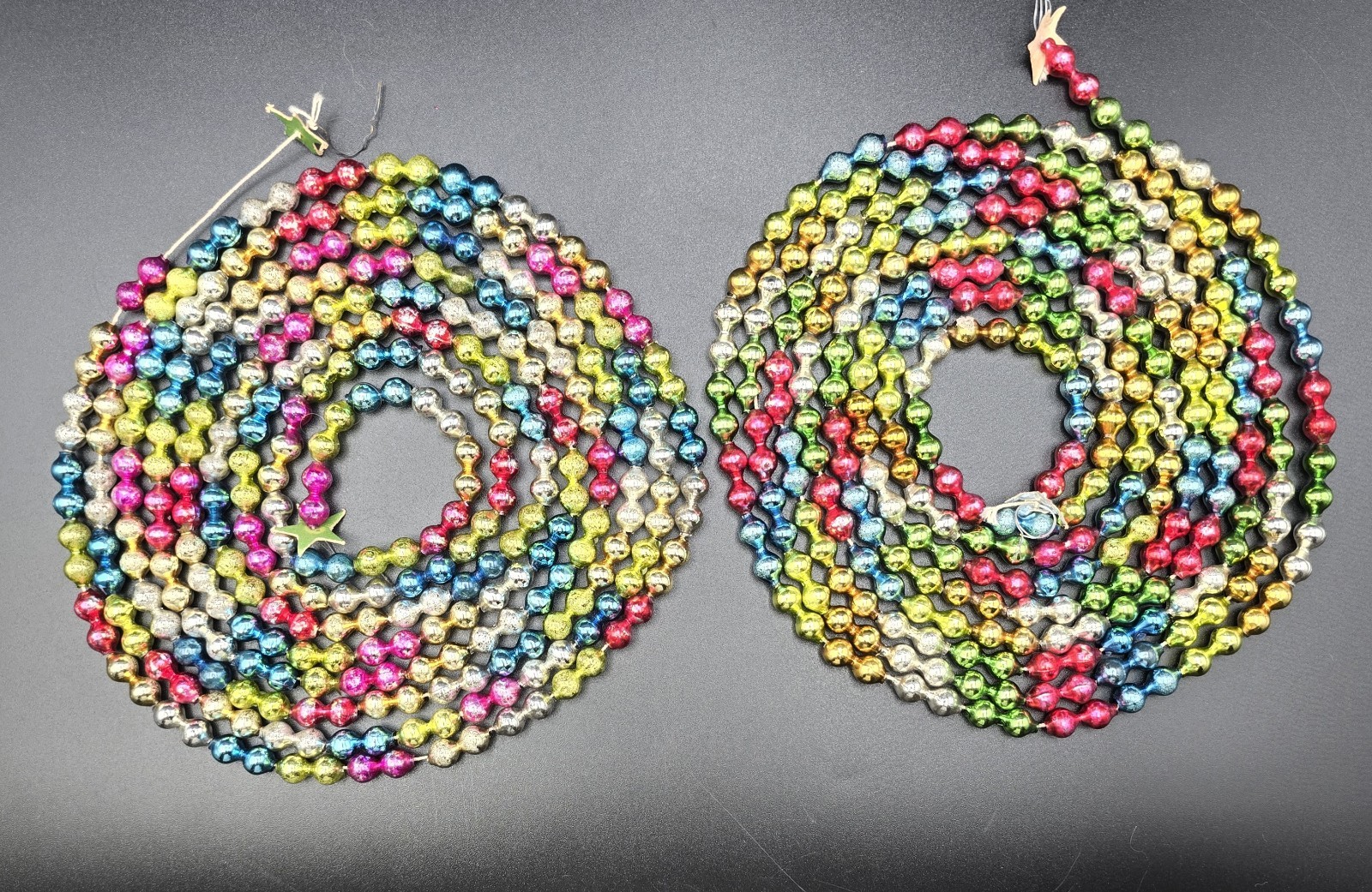VTG/ANTQ CHRISTMAS MERCURY GLASS DOUBLE BEAD GARLAND MULTICOLOR 103 & 105 INCHES