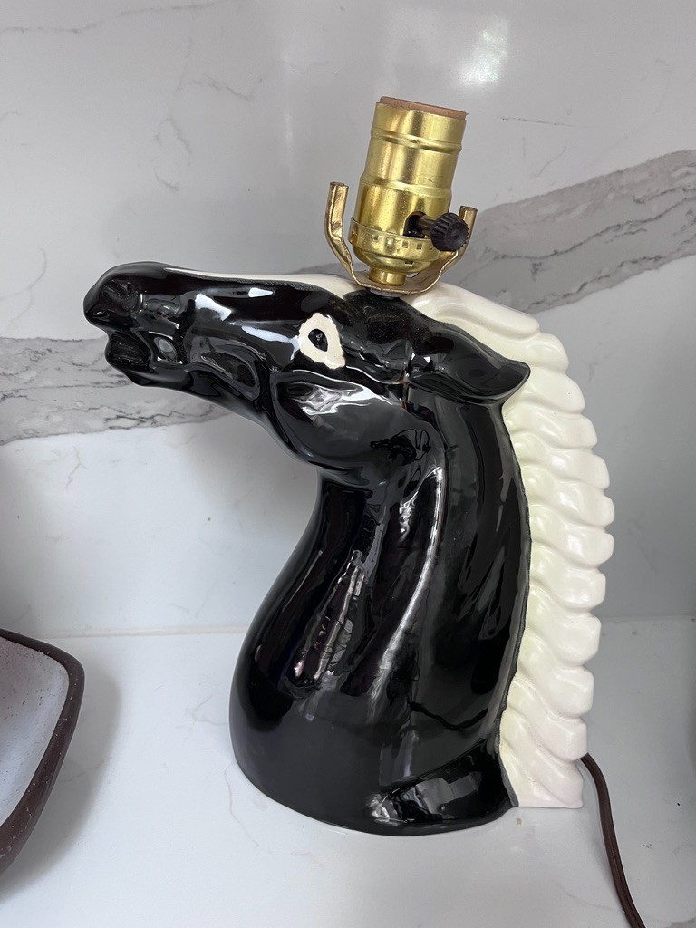 Vintage MCM Black Ceramic Horse Head Table Lamp White Mane Signed Melton Retro Vintage MCM Black Ceramic Horse Head Table Lamp White Mane Signed Melton Retro
