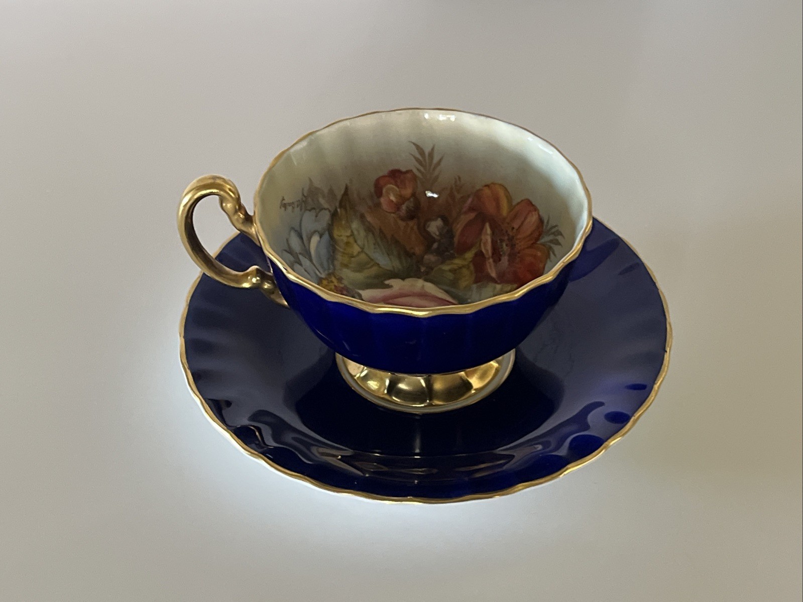 Vintage Aynsley Signed J A Bailey Cobalt Blue Cabbage Rose Teacup & Saucer Vintage Aynsley Signed J A Bailey Cobalt Blue Cabbage Rose Teacup & Saucer