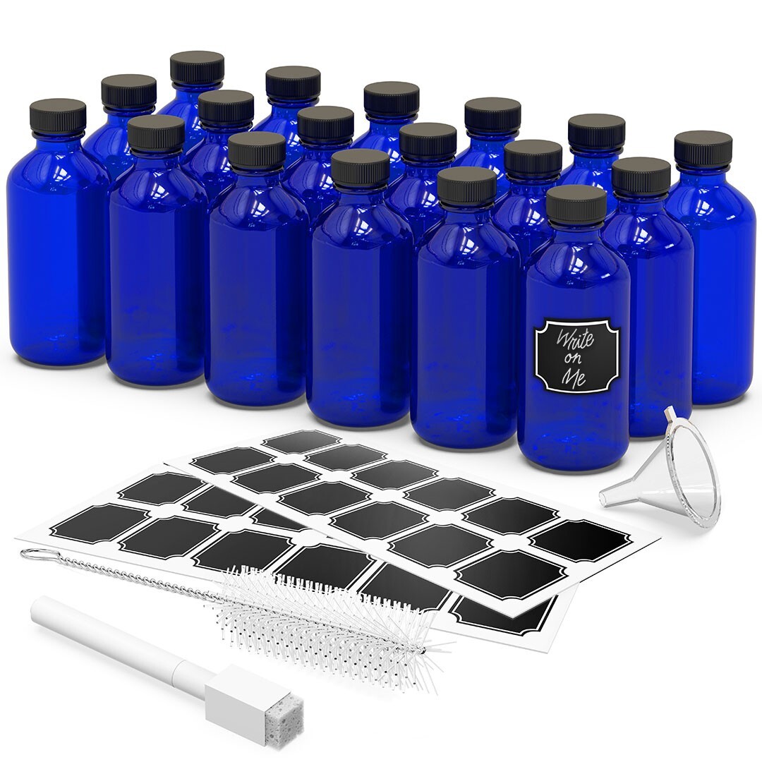 Nevlers 8 oz Boston Round Cobalt Blue Glass Bottles (Set of 18)