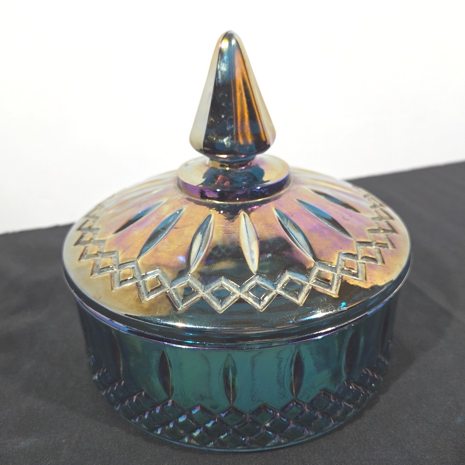 Vintage Indiana Glass Princess Blue Carnival Glass Candy Dish Lidded Iridescent