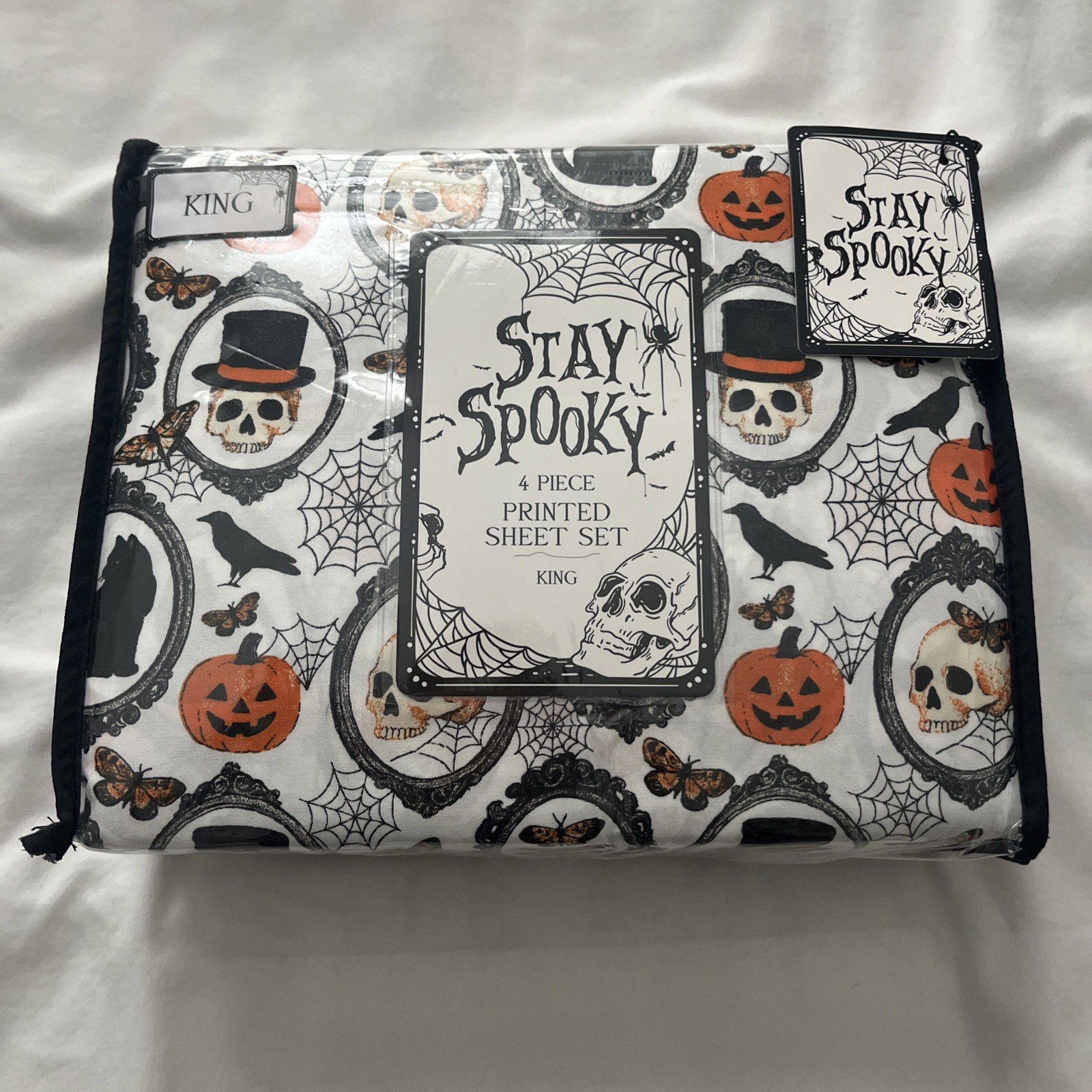 STAY SPOOKY Halloween Sheets Jack-O-Lanterns Bats Skulls Cats Pumpkins Sheet Set