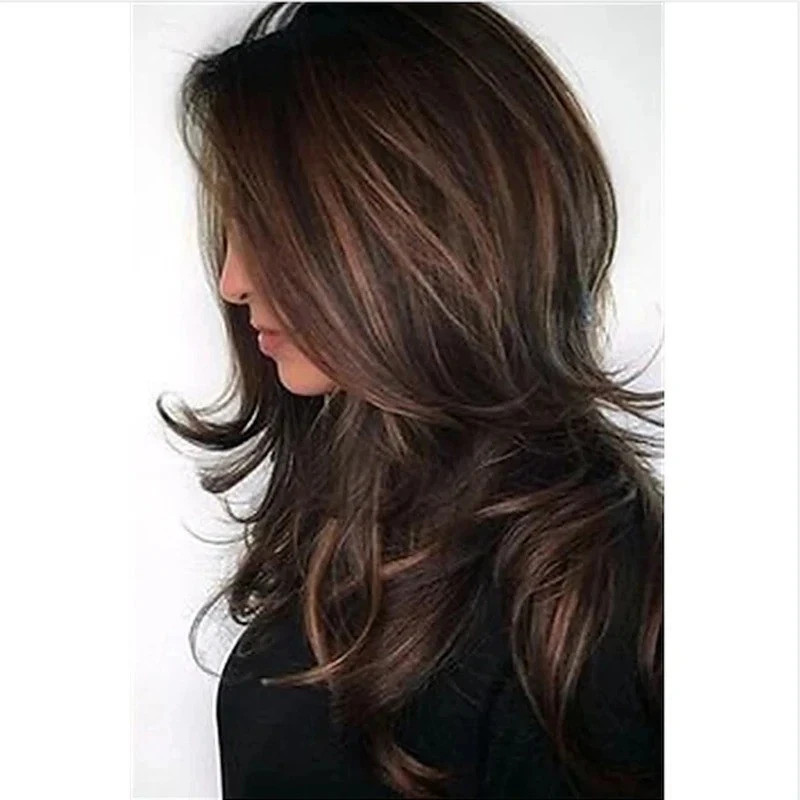 Real Human Hair New Fashion Women's Layered Long Dark Brown Wavy Full Wigs 24 In
