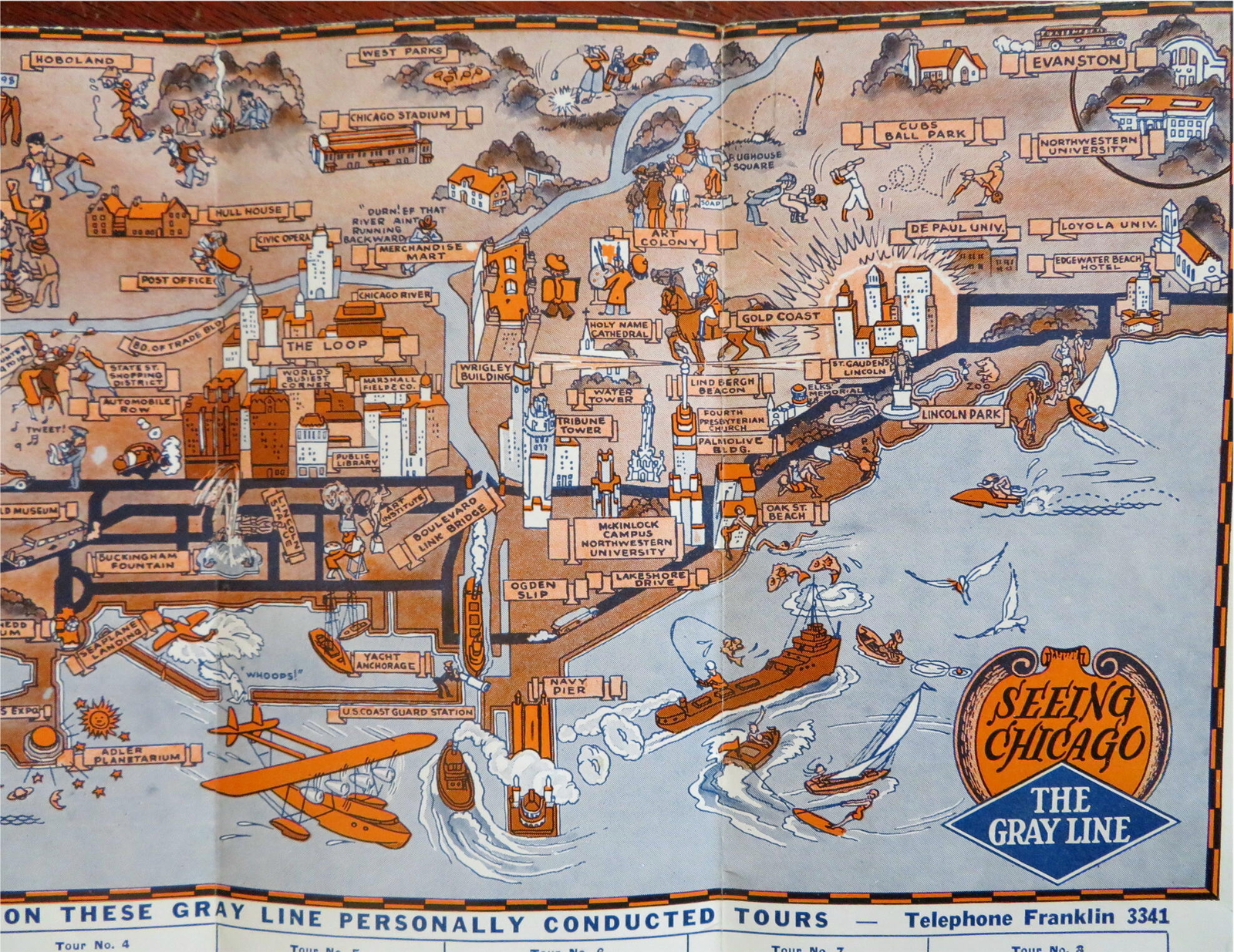 Chicago cartoon map c.1940\'s Marshall Field Bus Gray Line tourist promo brochure