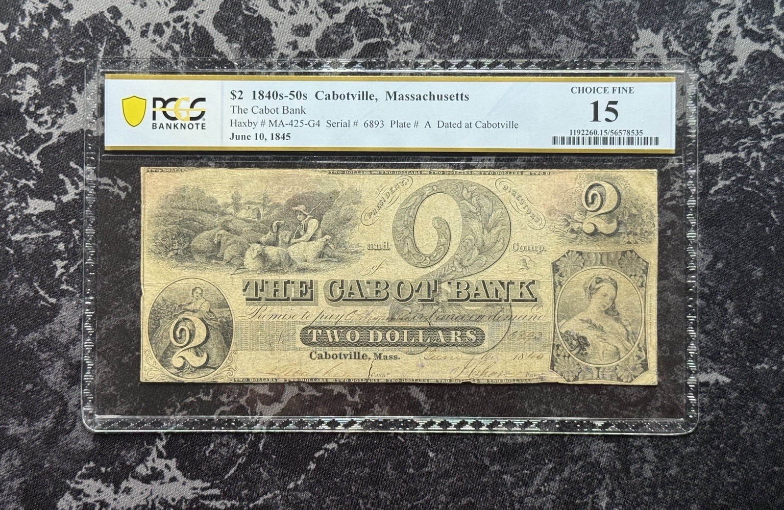 $2 Cabot Bank of Cabotville, Massachusetts, 1840’s MA PCGS 15 - Extremely Rare