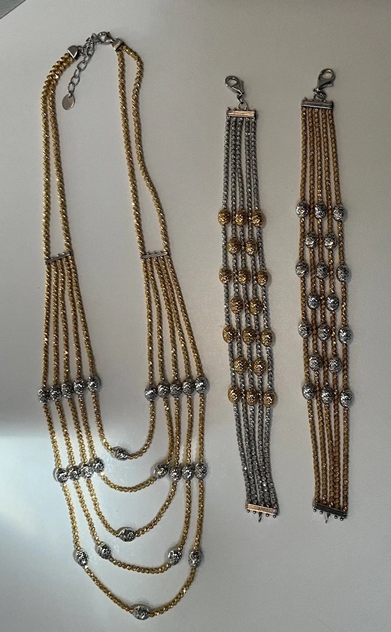 3Pc Set New  MILOR made ITALY 925 Gold Plated Multi Strand Necklace + 2Bracelets