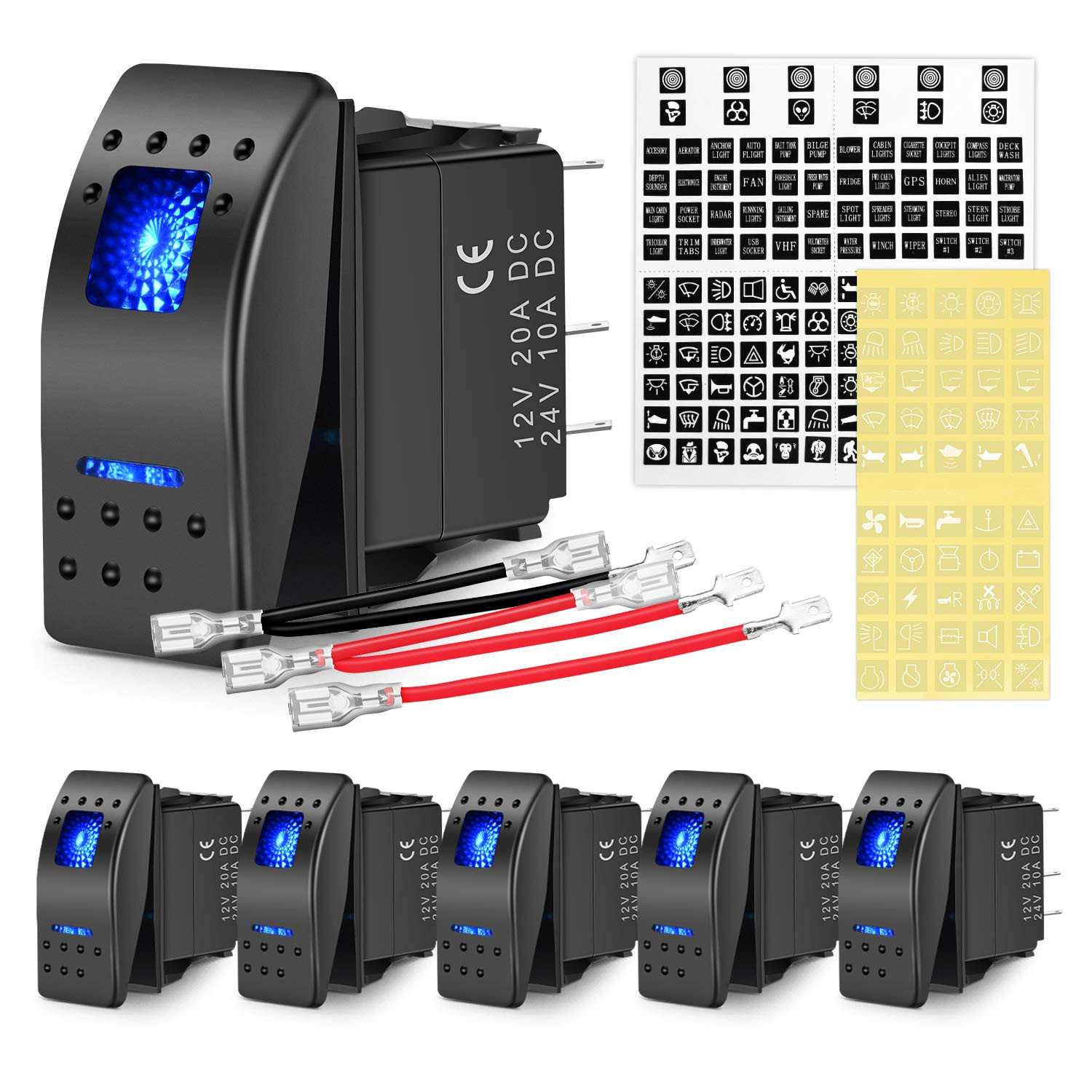 Nilight 6PCS 5PIN SPST Rocker Switches with 6 Sets Jumper Wires Set 20A/12V 10A/